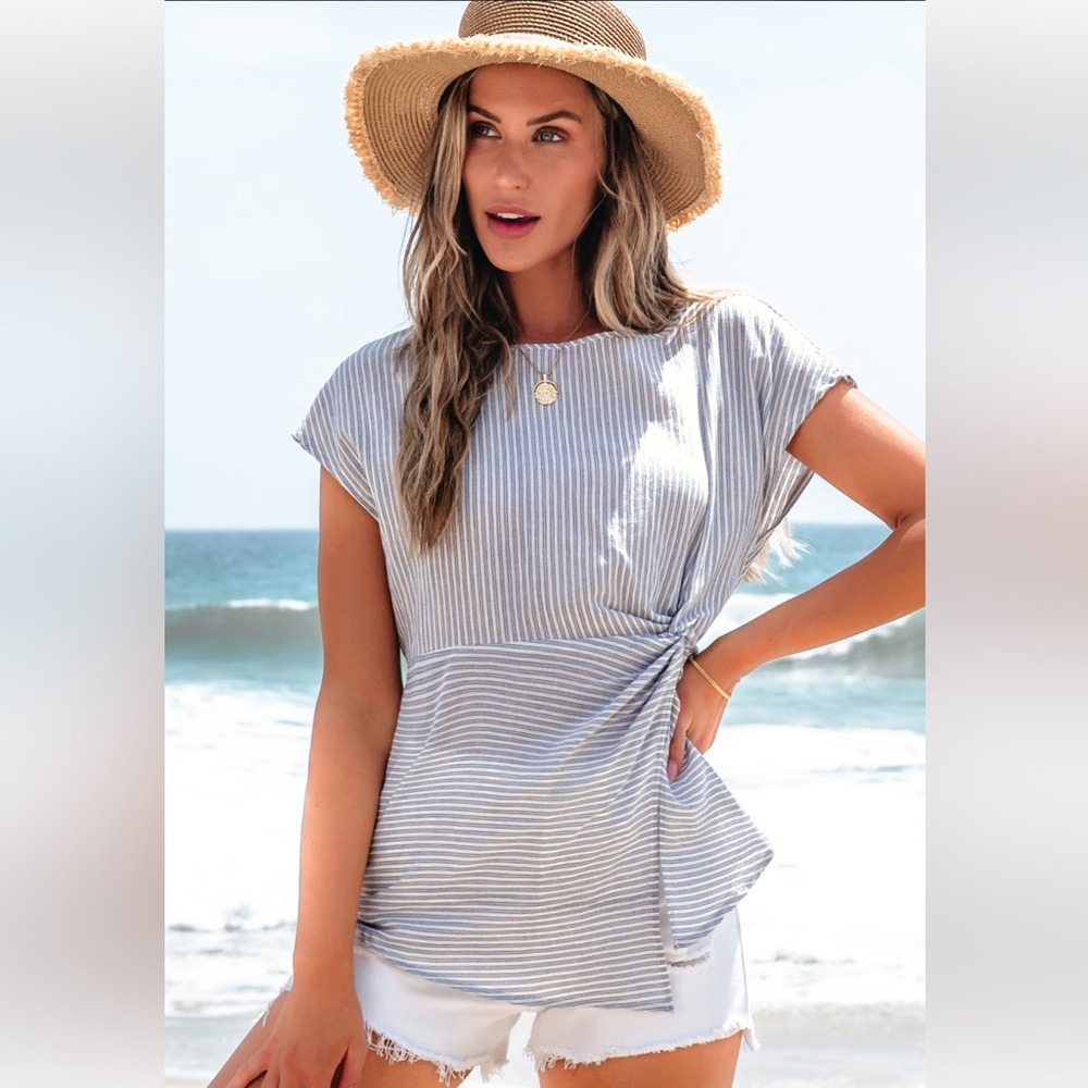 Striped Cotton Round Neck Short Sleeve Twist Tee